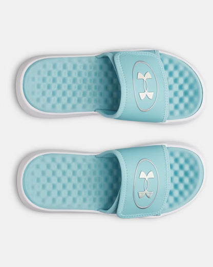 Sandales - UA Ignite Pro 8 Under Armour bleu clair et blanc pour enfant, vue de dessus, semelle à reliefs carrés