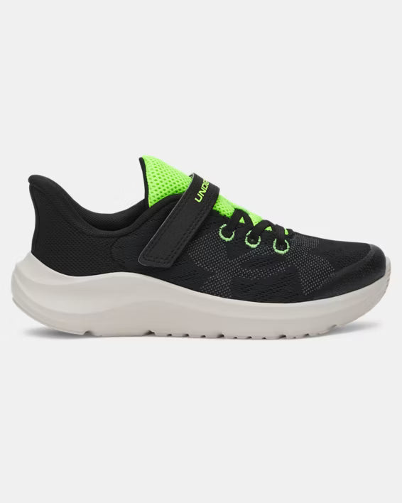 Espadrilles UA Pursuit 4 - Under Armour noires et vert fluo, tige maille légère, garçon, vue de profil gauche