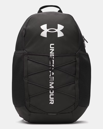 Sac à dos UA Hustle Sport 6.0 - Under Armour noir avec logo blanc, poche filet latérale, cordon élastique frontal, vue de face.