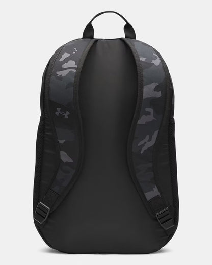 Sac à dos UA Hustle Sport 6.0 - Under Armour noir avec bretelles rembourrées camouflage gris foncé, vue de dos sur fond blanc.