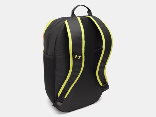 Sac à dos UA Hustle Sport 6.0 - Under Armour noir avec bandes jaunes fluo sur les bretelles, en polyester, vue de dos.