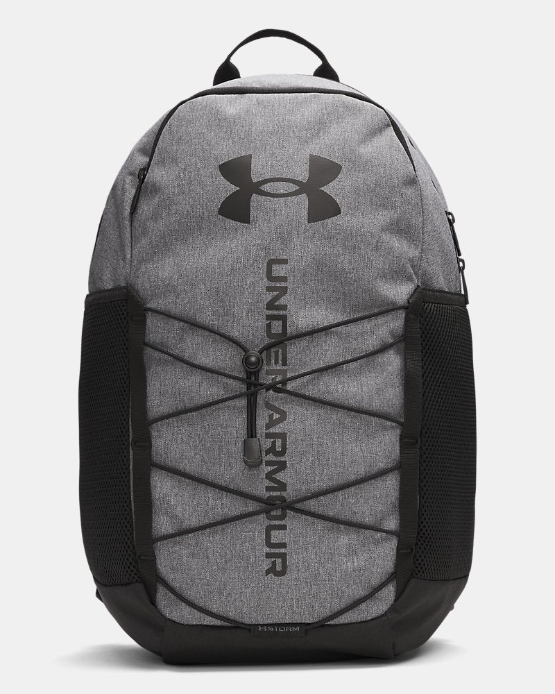 Sac à dos UA Hustle Sport 6.0 - Under Armour (Copie) gris chiné avec détails noirs, style sportif, tissu résistant, vue de face.