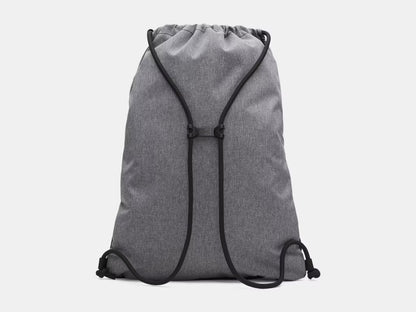 Sac à cordons UA Hustle - Under Armour gris clair en tissu, vue de dos, cordons noirs réglables, style sac à dos sport.