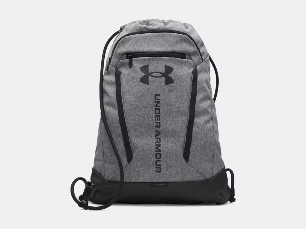 Sac à cordons UA Hustle  - Under Armour gris clair et noir en polyester, vue de face sur fond blanc.