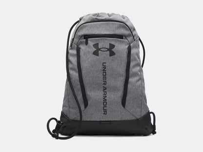 Sac à cordons UA Hustle  - Under Armour gris clair et noir en polyester, vue de face sur fond blanc.