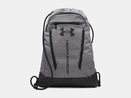 Sac à cordons UA Hustle  - Under Armour gris clair et noir en polyester, vue de face sur fond blanc.