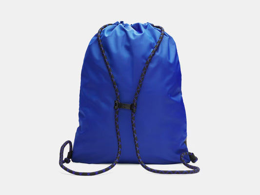 Sac à cordons UA Hustle  - Under Armour bleu, style sac à dos simple avec sangles réglables, vue de dos sur fond blanc