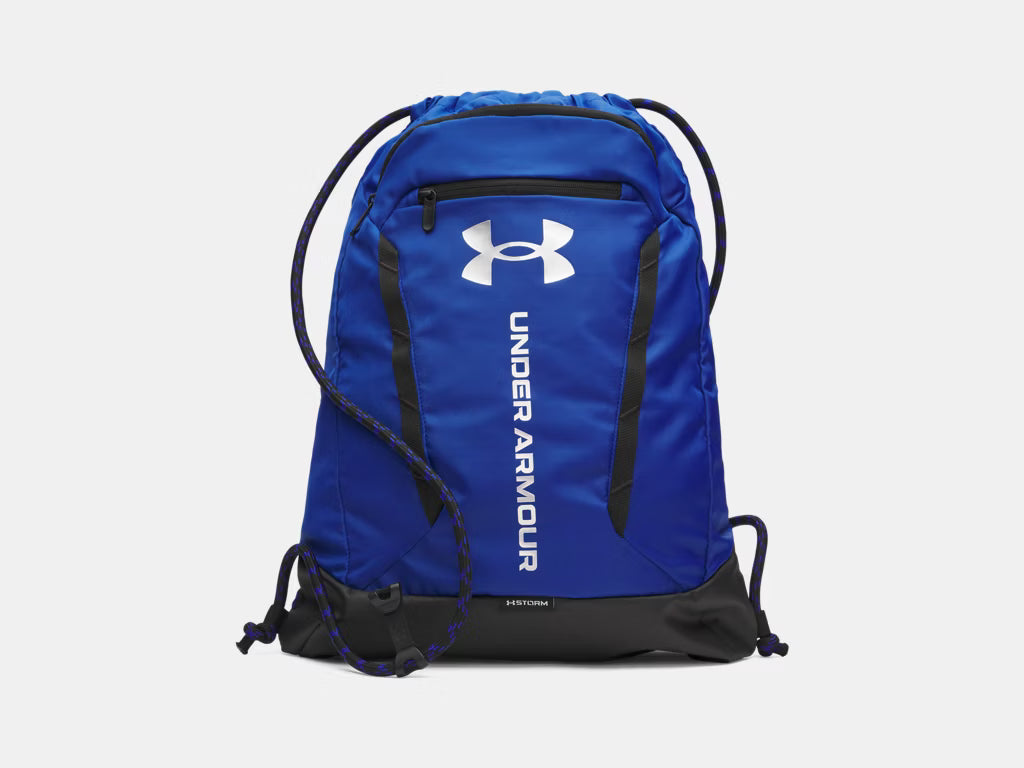 Sac à cordons UA Hustle  - Under Armour bleu roi et noir, style sport, vue de face, matériau textile résistant