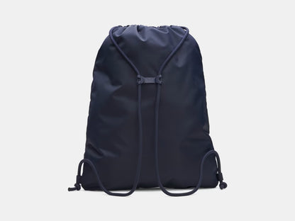 Sac à cordons UA Hustle - Under Armour, sac de sport léger bleu marine en tissu synthétique résistant, vue de dos avec cordons réglables.