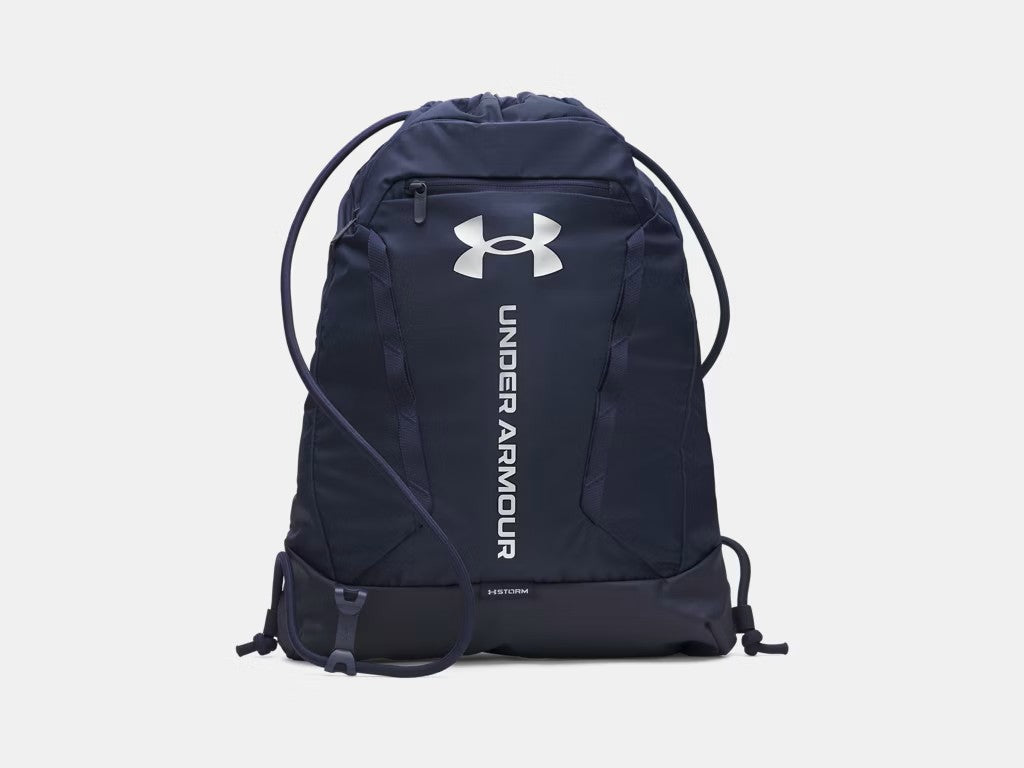 Sac à cordons UA Hustle - Under Armour bleu marine avec logo blanc, style léger en tissu résistant, vue de face.