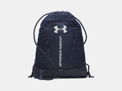 Sac à cordons UA Hustle - Under Armour bleu marine avec logo blanc, style léger en tissu résistant, vue de face.