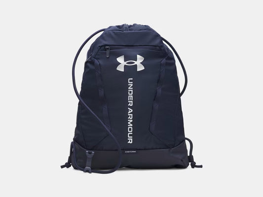 Sac à cordons UA Hustle - Under Armour bleu marine avec logo blanc, style léger en tissu résistant, vue de face.