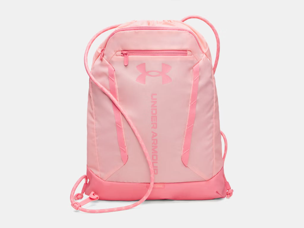 Sac à cordons UA Hustle  - Under Armour rose clair avec logo, sangles ajustables, vue de face sur fond blanc