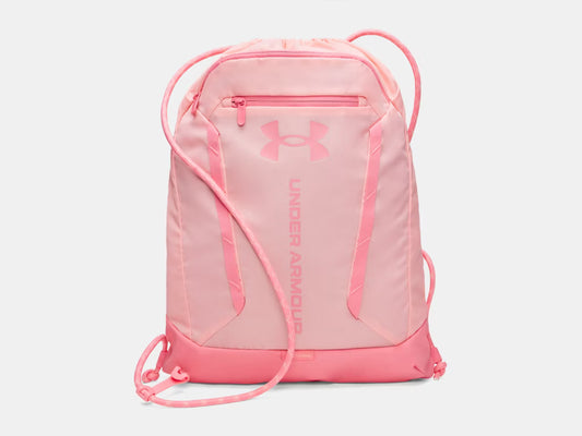 Sac à cordons UA Hustle  - Under Armour rose clair avec logo, sangles ajustables, vue de face sur fond blanc