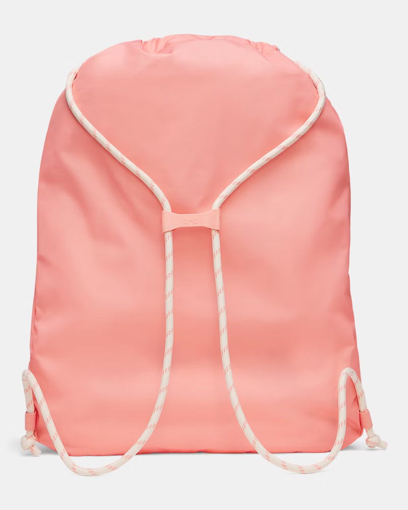 Sac à cordons UA Hustle - Under Armour rose saumon avec cordons blancs, style simple en nylon, vue de dos.
