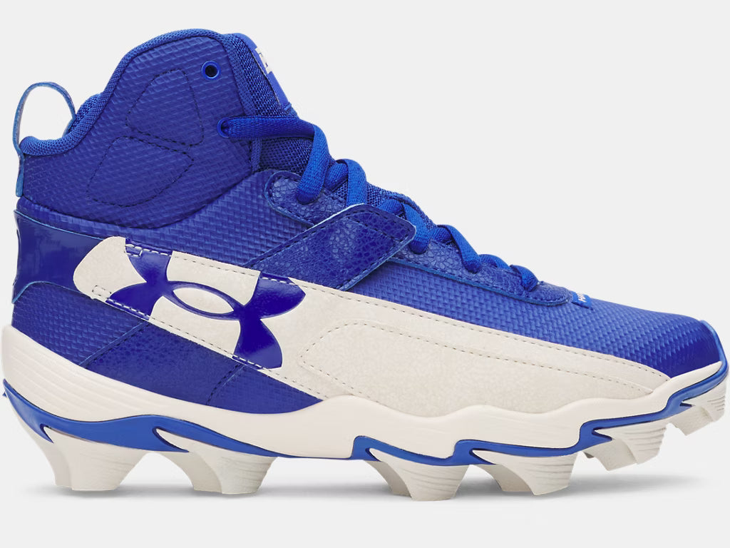 Chaussures de baseball UA Harper 10 - Under Armour bleu et blanc, haute avec semelle cramponnée vue de côté droit