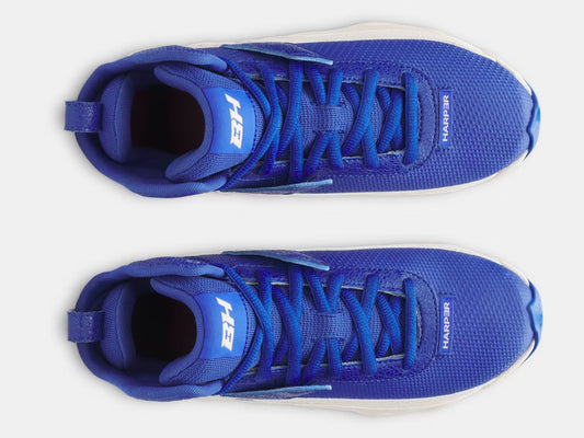 Chaussures de baseball UA Harper 10 - Under Armour bleu royal en maille avec détails blancs, vue de dessus, design sportif adulte.