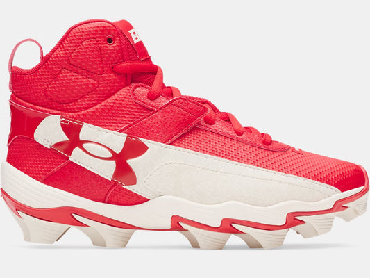 Chaussures de baseball UA Harper 10 - Under Armour, rouge et blanc, mesh et caoutchouc, vue de profil droit.