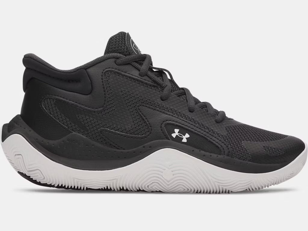 Espadrilles UA Jet '25 - Under Armour noires avec semelle blanche, style basket, matériau mixte, pour enfant, vue de profil droit