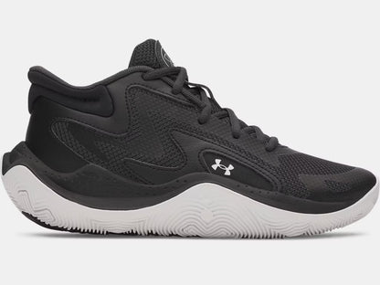 Espadrilles UA Jet '25 - Under Armour noires avec semelle blanche, style basket, matériau mixte, pour enfant, vue de profil droit