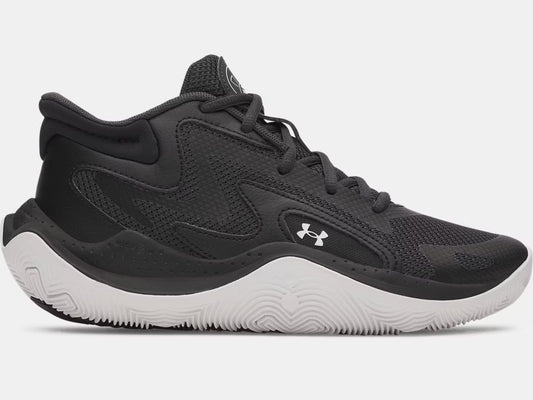 Espadrilles UA Jet '25 - Under Armour noires avec semelle blanche, style basket, matériau mixte, pour enfant, vue de profil droit