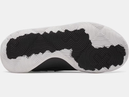 Semelle extérieure noire et blanche des Espadrilles UA Jet '25 - Under Armour pour enfant, vue de dessous détaillée.