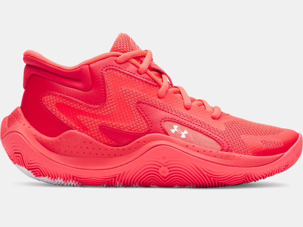 Espadrilles UA Jet '25 - Under Armour rouge corail pour enfant, matériaux mixtes, vue de profil gauche