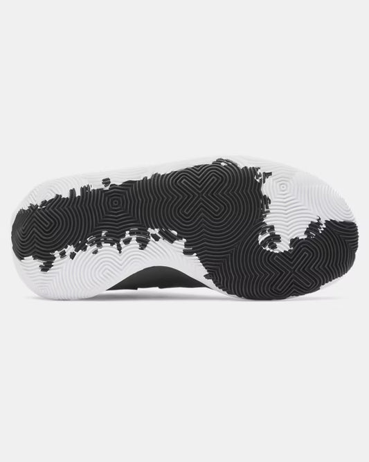 Semelle noire et blanche vue de dessous des Espadrilles UA Jet'25 - Under Armour pour homme, détail du motif antidérapant