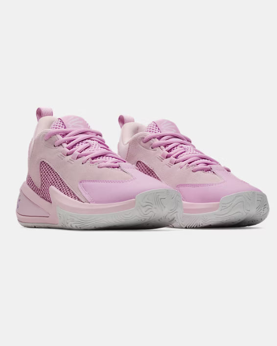 Espadrilles Curry 3Z 25 SDE - Under Armour, baskets basses roses en cuir et filet, vue avant légèrement de biais.