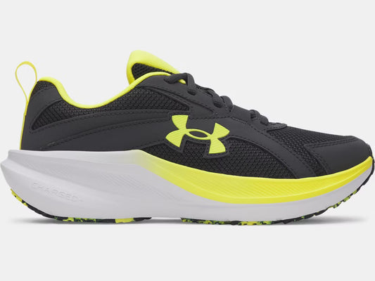Espadrilles UA Assert 11 - Under Armour noires et jaunes, détail côté, matière synthétique et mesh, style sportif unisexe adulte.