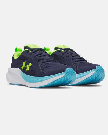 Espadrilles UA Assert 11 - Under Armour bleu marine et vert fluo, matériau mesh respirant, vue trois quarts avant.