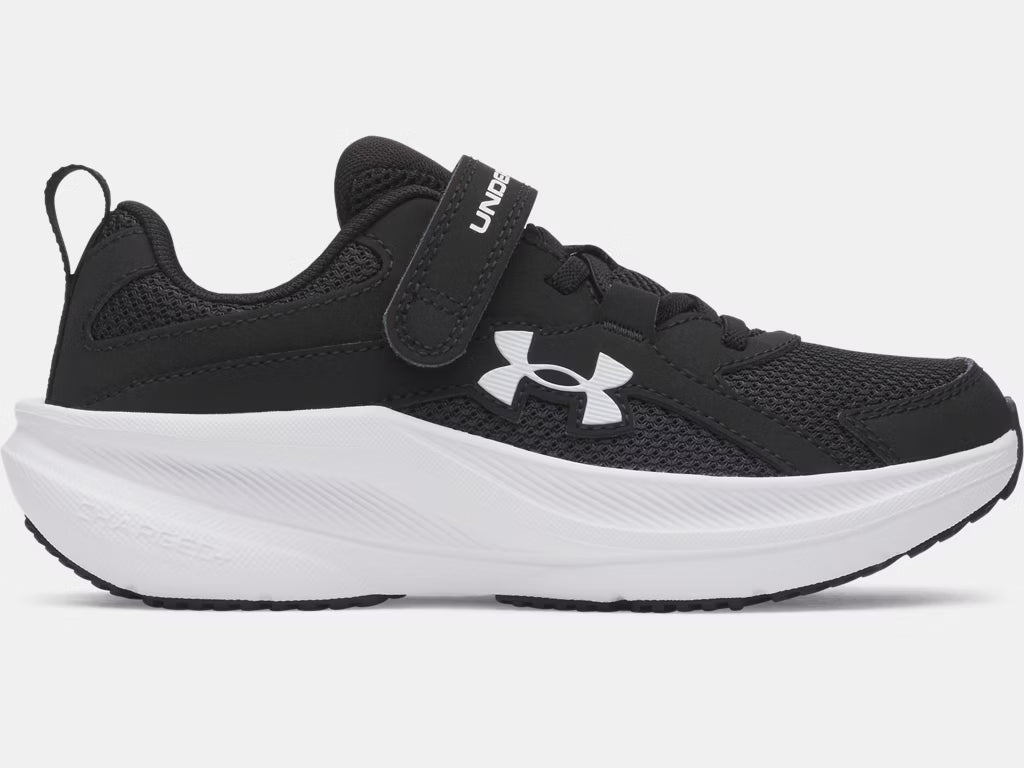 Espadrilles UA BPS Assert 11 Ac - Under Armour noirs et blanches, style sportif, garçon préscolaire, vue de profil gauche.