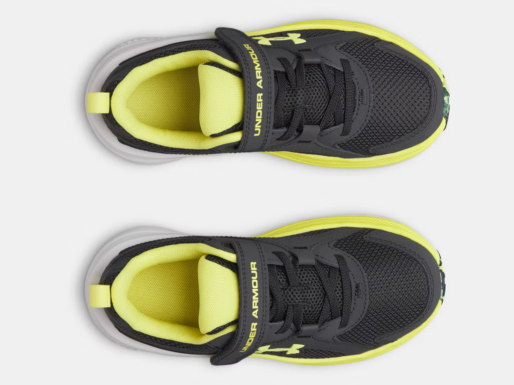 Espadrilles UA BPS Assert 11 Ac - Under Armour noires et jaunes pour garçon préscolaire, vue de dessus détaillée.