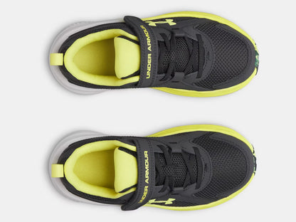 Espadrilles UA BPS Assert 11 Ac - Under Armour noires et jaunes pour garçon préscolaire, vue de dessus détaillée.