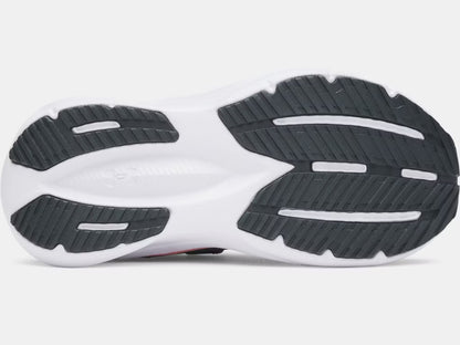 Semelle extérieure noire et blanche avec détails en caoutchouc de traction pour Espadrilles UA Charged+ Assert 11 - Under Armour, vue de dessous.