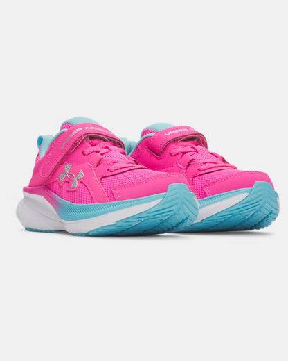 Espadrilles UA Assert 11 AC - Under Armour rose et bleues pour enfant, style sportif, vue de face légèrement latérale.