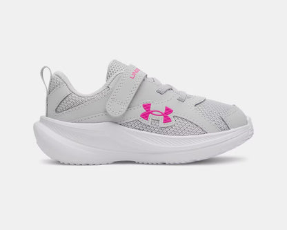 Espadrilles UA Assert 11 AC - Under Armour grises avec logo rose, en mesh et synthétique, pour enfant, vue de profil côté extérieur.