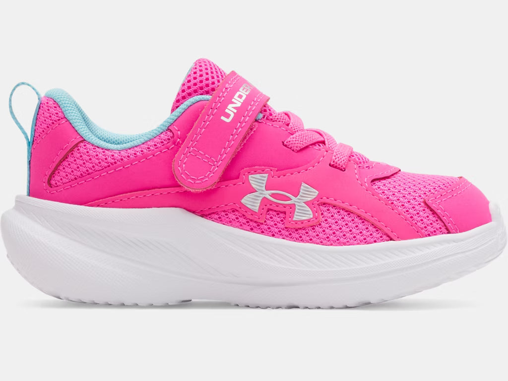 Espadrilles UA Assert 11 AC - Under Armour rose et bleu, mesh respirant, semelle blanche, chaussure bébé fille vue de profil