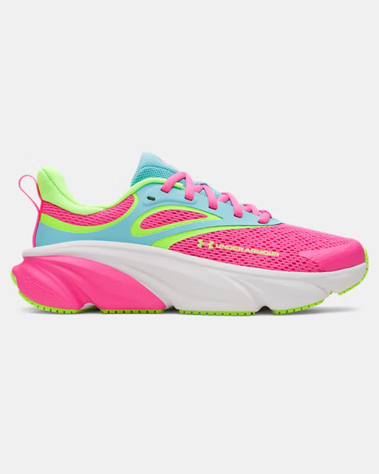 Espadrilles UA GGS Rogue 6 - Under Armour rose, bleu et vert fluo en maille, style enfant, vue de profil côté extérieur.