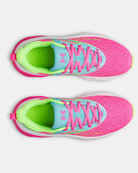 Espadrilles UA GGS Rogue 6 - Under Armour pour enfant, mesh rose et bleu clair, intérieur vert fluo, vue dessus.