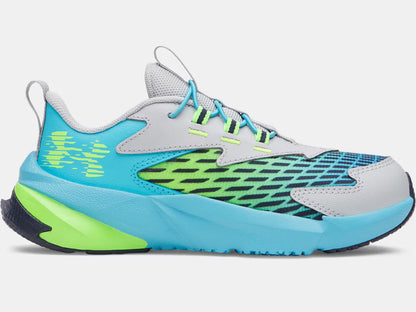 Espadrilles UA Scramjet 7 - Under Armour bleu turquoise et vert fluo, mesh respirant, vue de profil côté droit adulte.