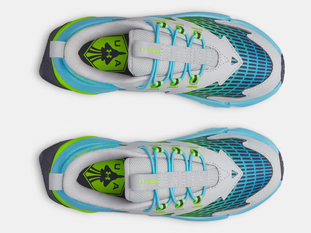 Espadrilles UA Scramjet 7 - Under Armour bleues, vertes et blanches, tige en maille respirante, vue de dessus, adultes.