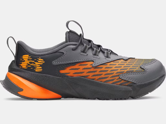 Espadrilles UA Scramjet 7 - Under Armour grises et orange en maille respirante, vue de profil côté extérieur adulte.