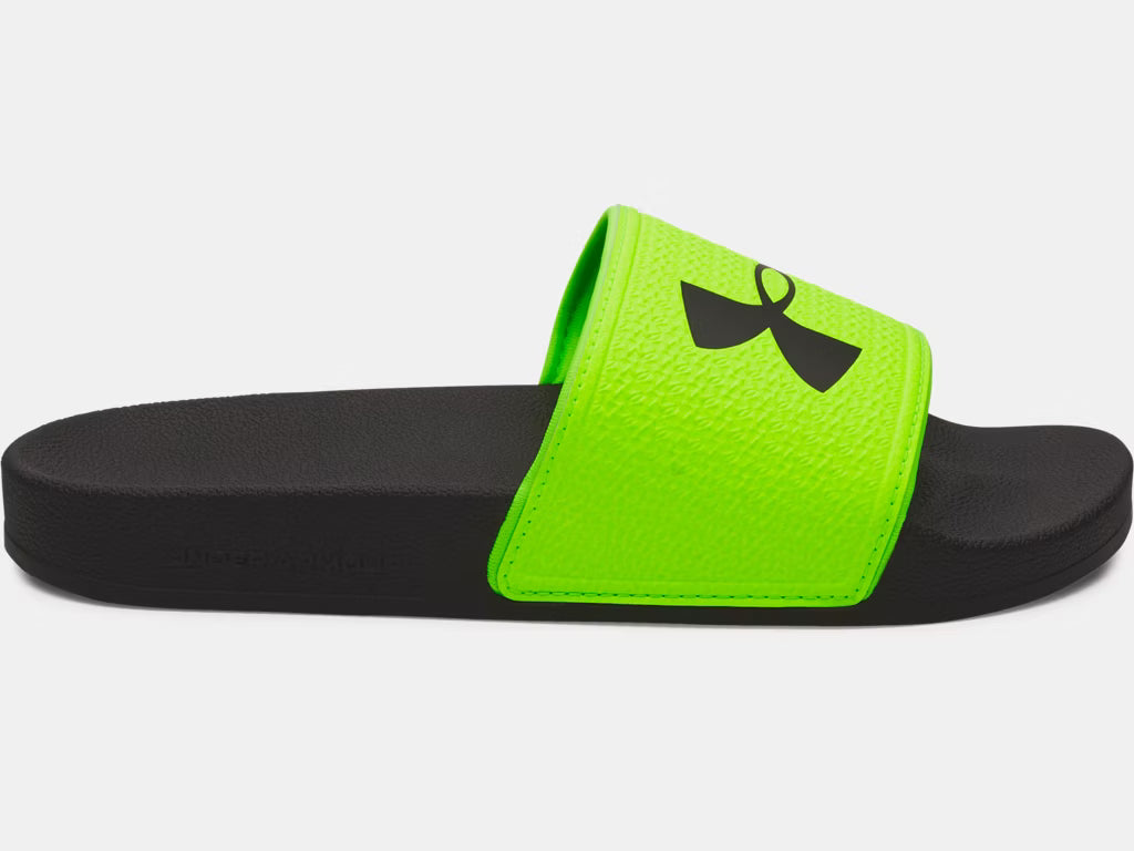 Sandales UA ARMR - Under Armour noir et vert fluo, style mule, matériau synthétique, vue de profil.