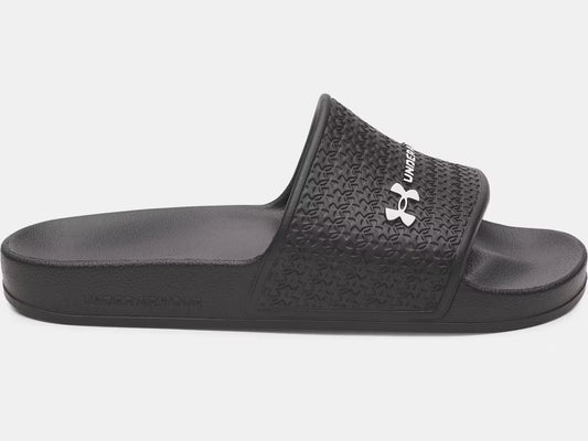 Sandales UA ARMR Shower - Under Armour noires en EVA moulé avec semelle texturée, style glissières, vue de profil garçon.