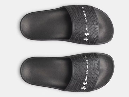 Sandales UA ARMR Shower - Under Armour noires en EVA léger, antidérapantes, pour garçon, vue de dessus.