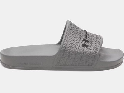 Sandales UA ARMR Shower - Under Armour grises en EVA pour garçon, vue de profil côté droit, semelle texturée antidérapante.