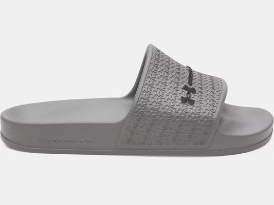 Sandales UA ARMR Shower - Under Armour grises en EVA pour garçon, vue de profil côté droit, semelle texturée antidérapante.