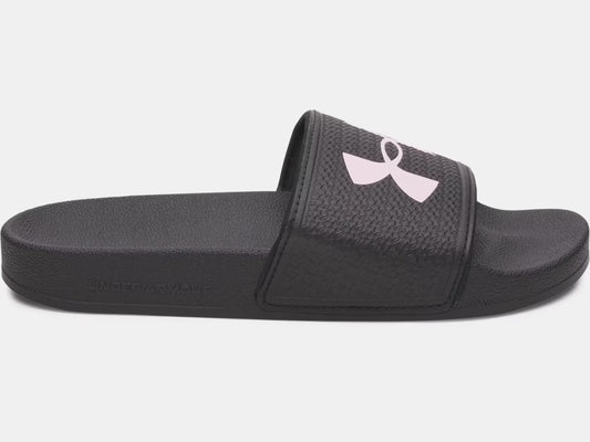 Sandales UA ARMR - Under Armour noires avec logo rose clair, semelle synthétique, style diapositive, vue de côté pour fille