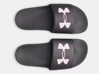 Sandales UA ARMR - Under Armour noires avec logo blanc, synthétique, pour fille, vue dessus en paire.